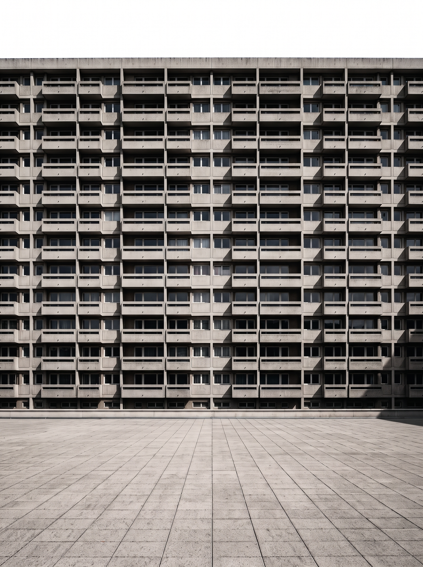 Façade de logement collectif, balcons répétés sur toute la hauteur, esplanade minérale au premier plan