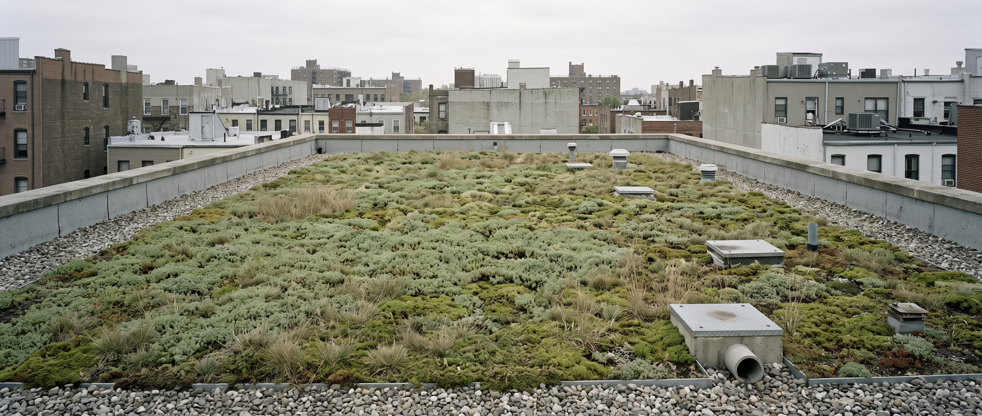 Toiture-terrasse végétalisée extensive sur un immeuble urbain