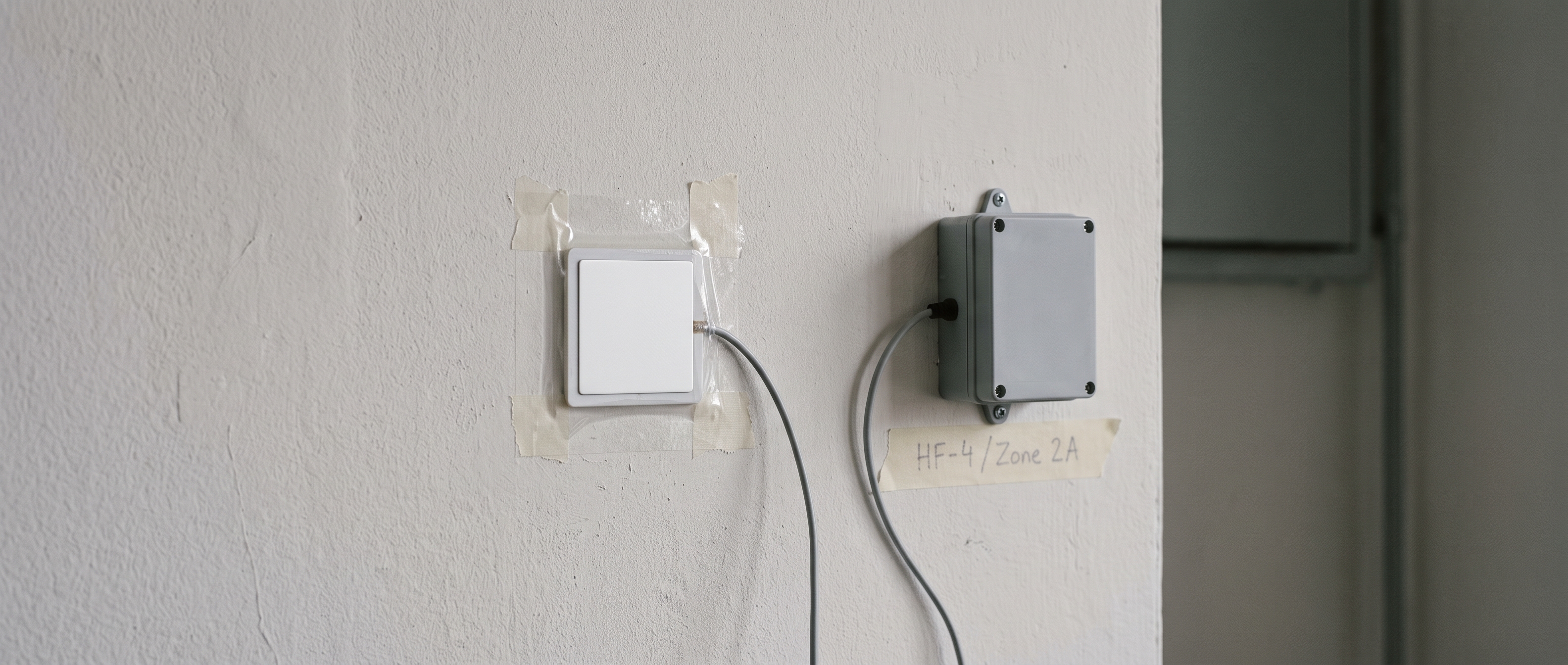 Capteur de mesure fixé sur un mur, étiqueté à la main